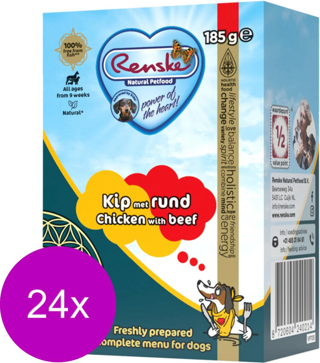 24x Renske Vers Puppy Tetra Hondenvoer Nat Kip met Rund 185 gr