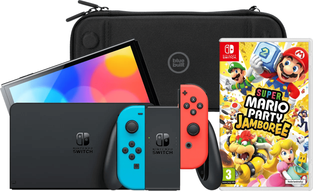 Nintendo Switch OLED Blauw/Rood + Mario Party Jamboree + BlueBuilt Beschermhoes
