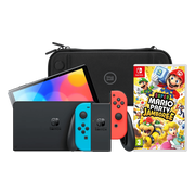 Nintendo Switch OLED Blauw/Rood + Mario Party Jamboree + BlueBuilt Beschermhoes