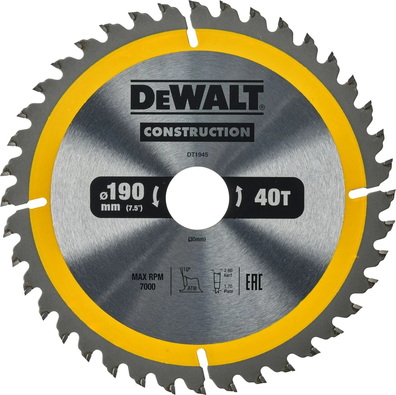 DeWALT Cirkelzaagblad voor Hout | Construction | Ø 190mm Asgat 30mm 40T - DT1945-QZ