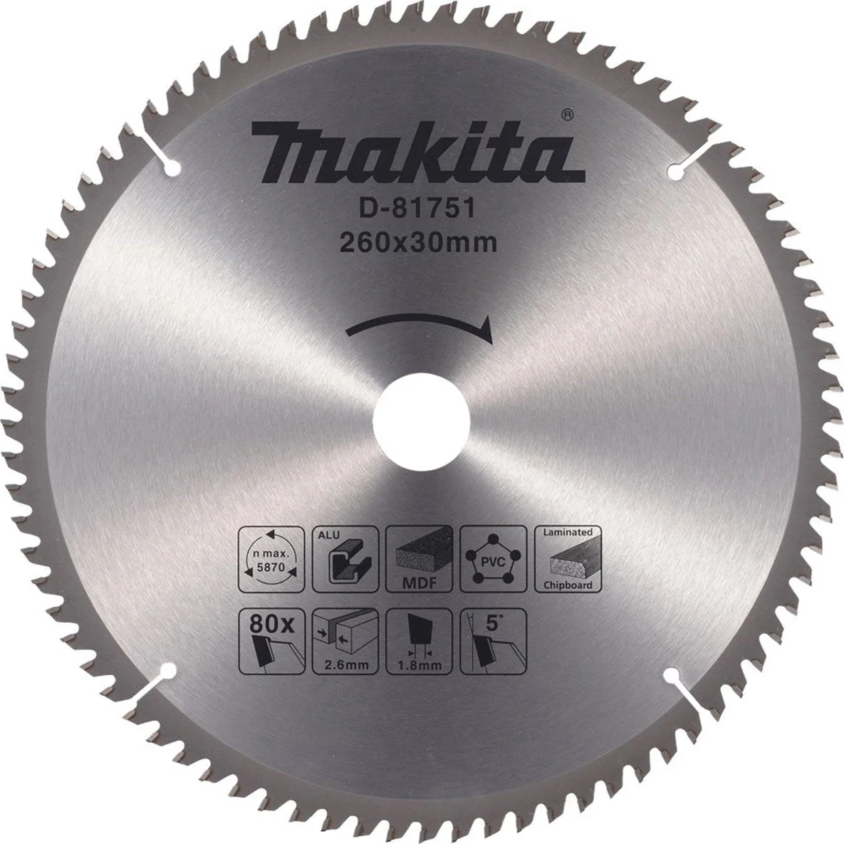 Makita D-81751 Afkortzaagblad diverse materialen | 260 x 30 mm | 80-tands