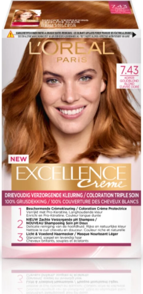 2x L'Oréal Excellence Crème Permanente Crèmekleuring 7.43 Koper Goudblond