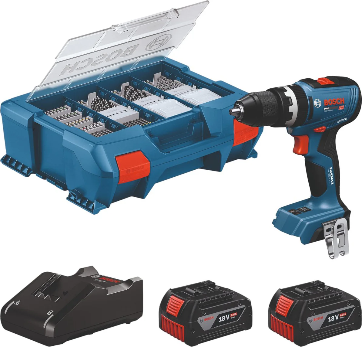 Bosch Professional PRO GSB 18V-65 Accu klop-/schroefboormachine + 82x accessoires 2x 4.0Ah - 06019N3307