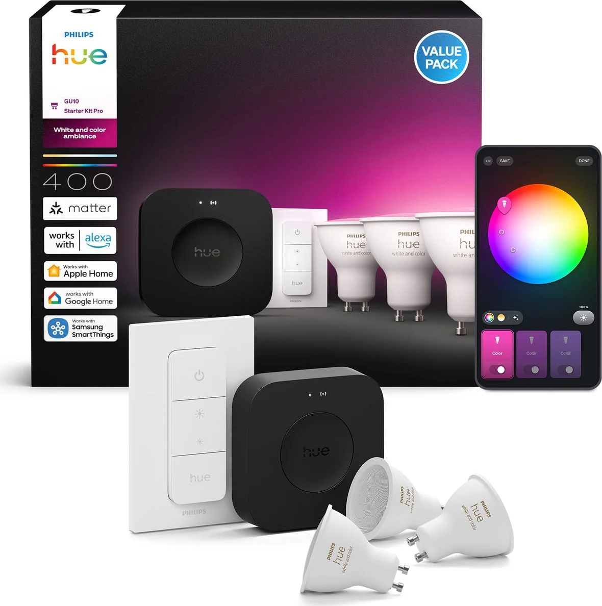Philips Hue White and Color Starter Pack GU10 3-pack + Bridge Pro + dimmer