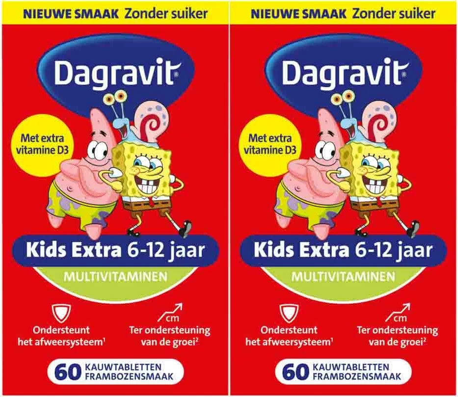 2x Dagravit Multivitamine Kids Extra 6-12 Jaar Spongebob 60 kauwtabletten