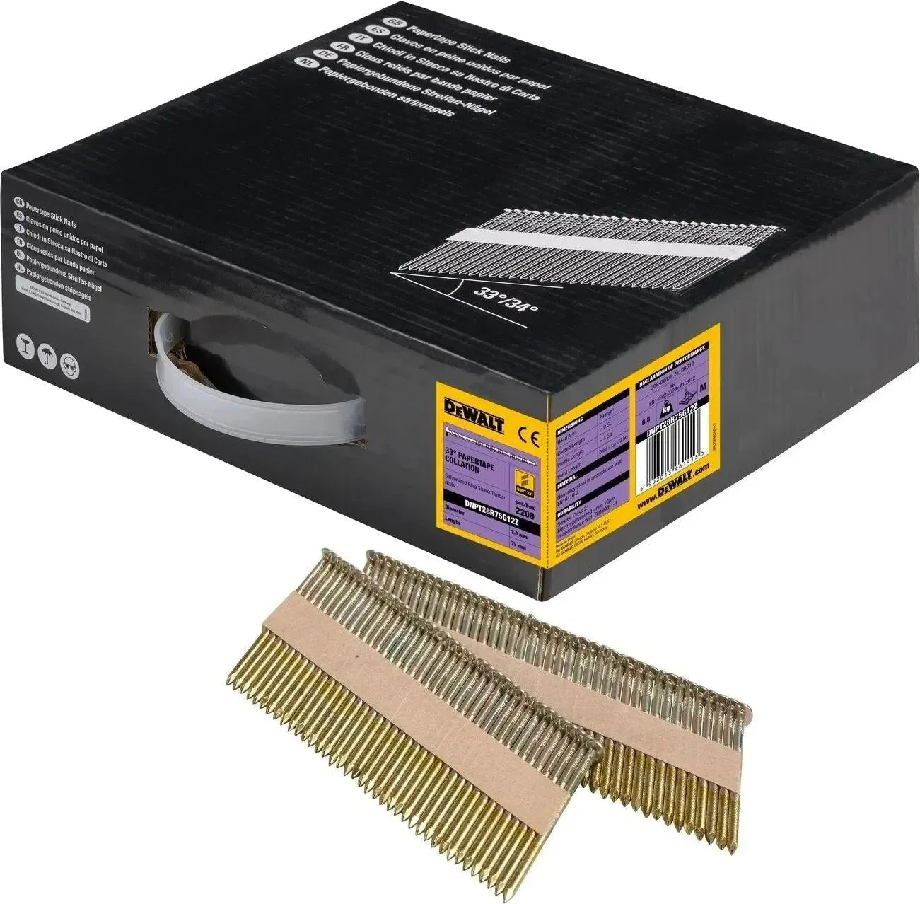 DeWALT DNPT28R75G12Z 33º Papiergebonden Spijkers 2.8x75mm Verzinkt / Geringd VE=2200