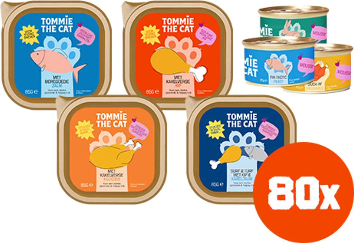 Tommie the Cat - 80 x 85gr - stukjes in saus, mousse & paté mix smaken - kattenvoer natvoer - voordeel verpakking - zonder suiker en graanvrij