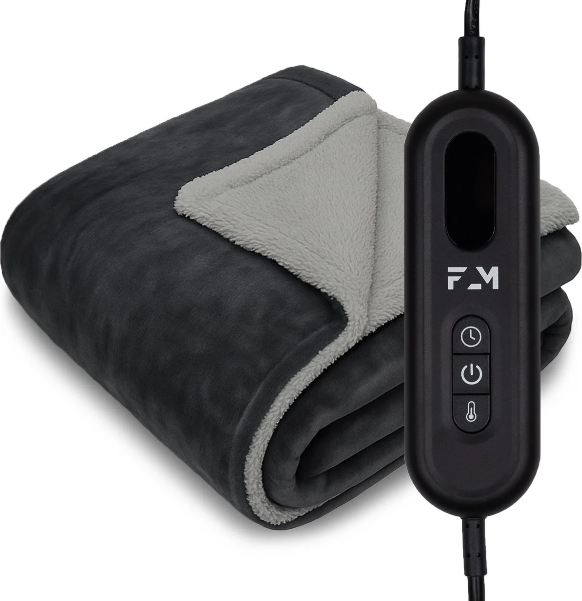 FlowMotion Luxe XL Elektrische Warmtedeken 180x130cm - Grijs/Antraciet - Elektrische Deken met 9 Warmtestanden - Bovendeken met Timer – Verwarmde Deken 160W – Fleece Verwarmingsdeken