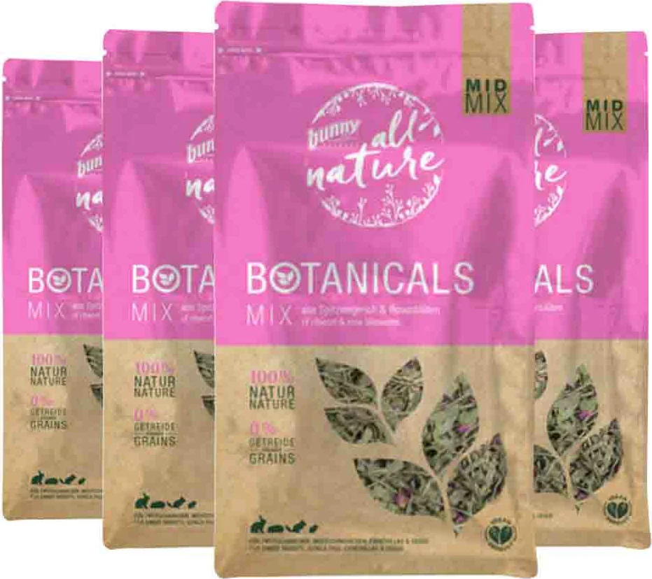 4x Bunny Nature Botanicals Konijnensnack Weegbree - Rozenbloesem 120 gr