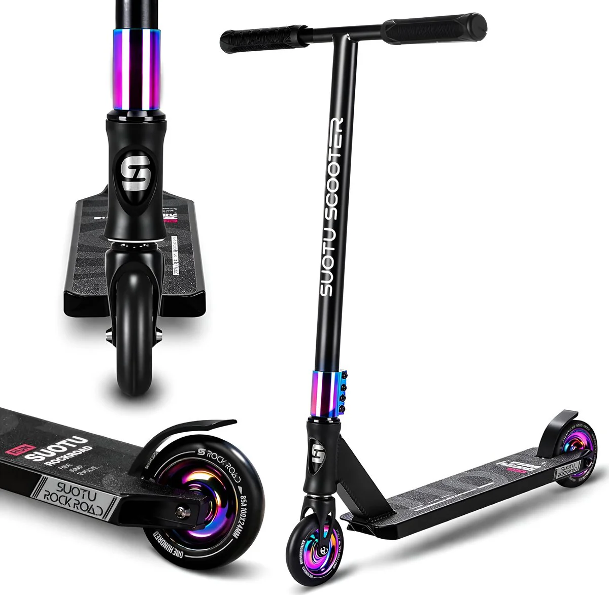 Suotu Stuntstep - Step - Kinderstep - Silent axle - Speelgoed Jongens/Meisjes - Maximale stuurhoogte: 78 cm - Aluminium - Zwart/NEO