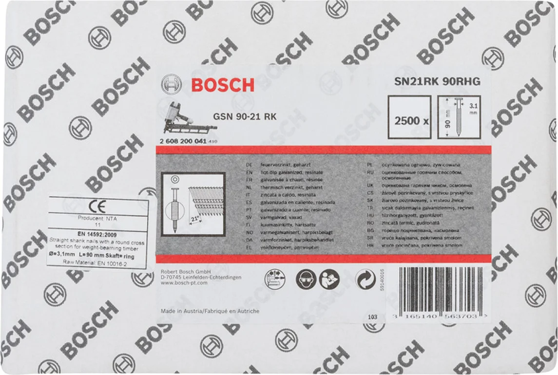 Bosch Professional PRO SN21FH Full-head nagel 90 mm | 21° | Geringd | Heavy Duty Gegalvaniseerd | 3,1 x 7,0 | 2500 stuks - 2608200041