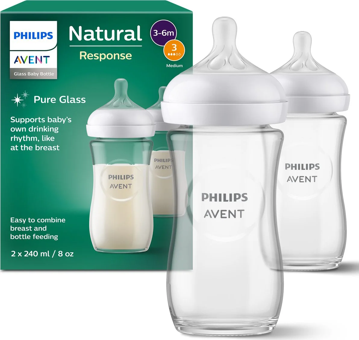 Philips Avent Natural Response Glazen Babyflessen 240 ml – Flow 3- 2 flessen - SCY933/02