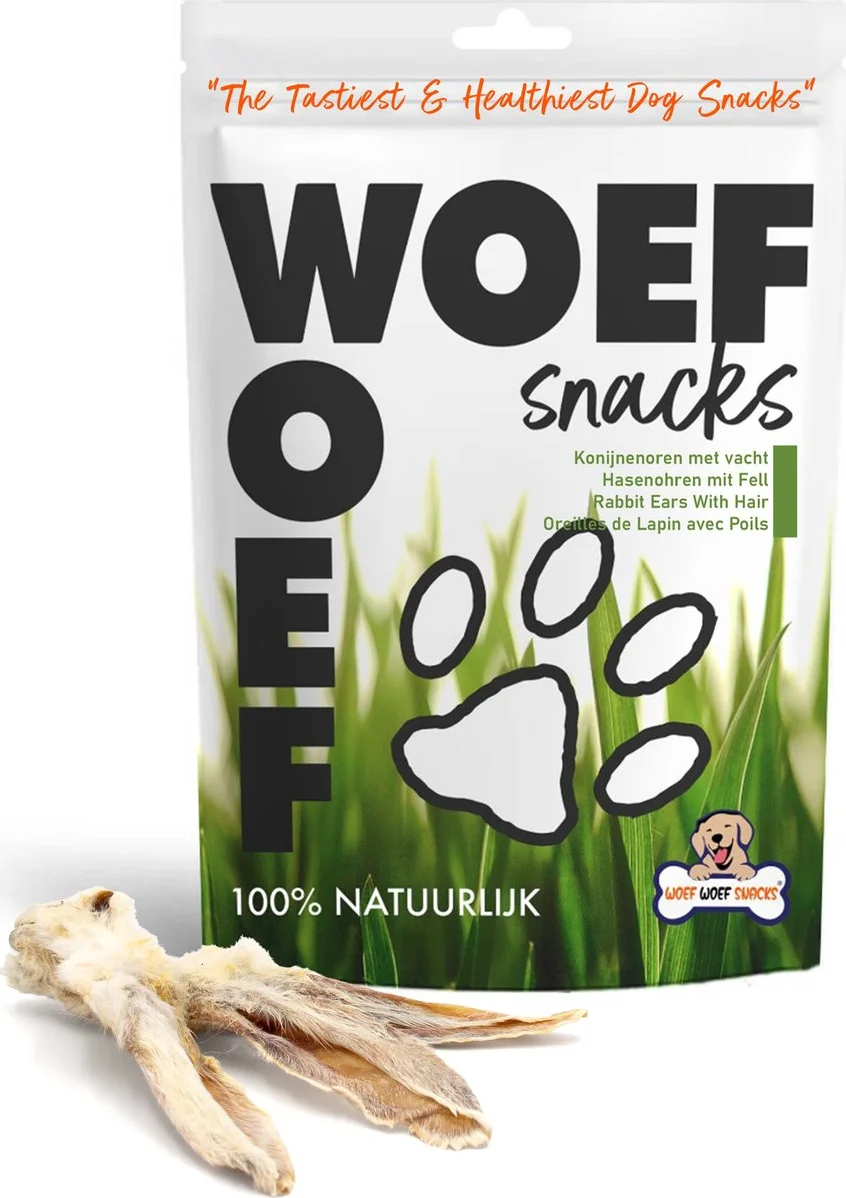 Woef Woef Hondensnack Konijnenoren met Haar L 250 gr