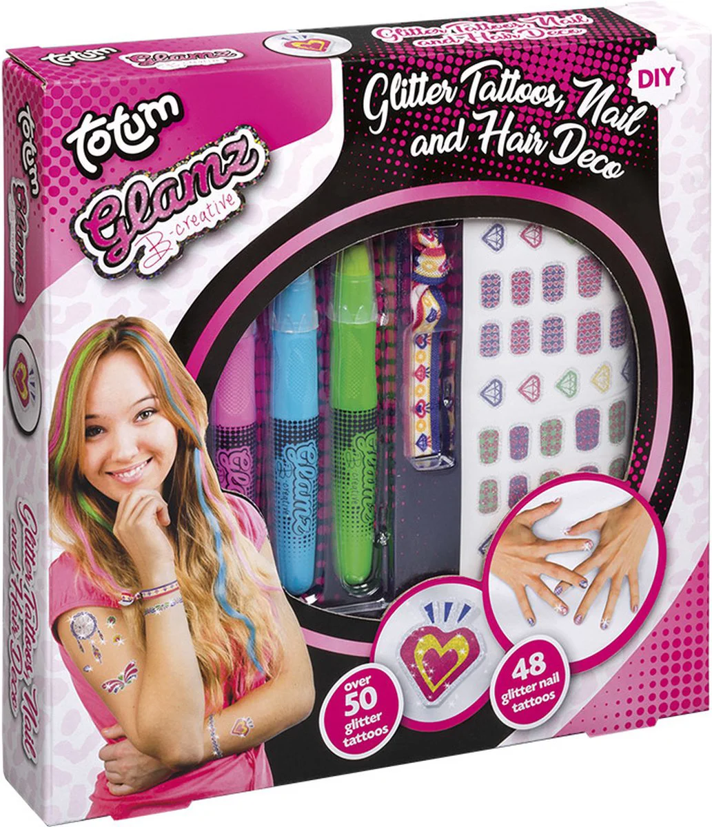 Totum Nagel-, haar- en Tattoo set - 3 haarkrijtstiften, 48 nageltattoos en 50+ glittertattoos - Knutselen - Voor meisjes en jongens - Vanaf 8 jaar - Speelgoed kinderen - Totum