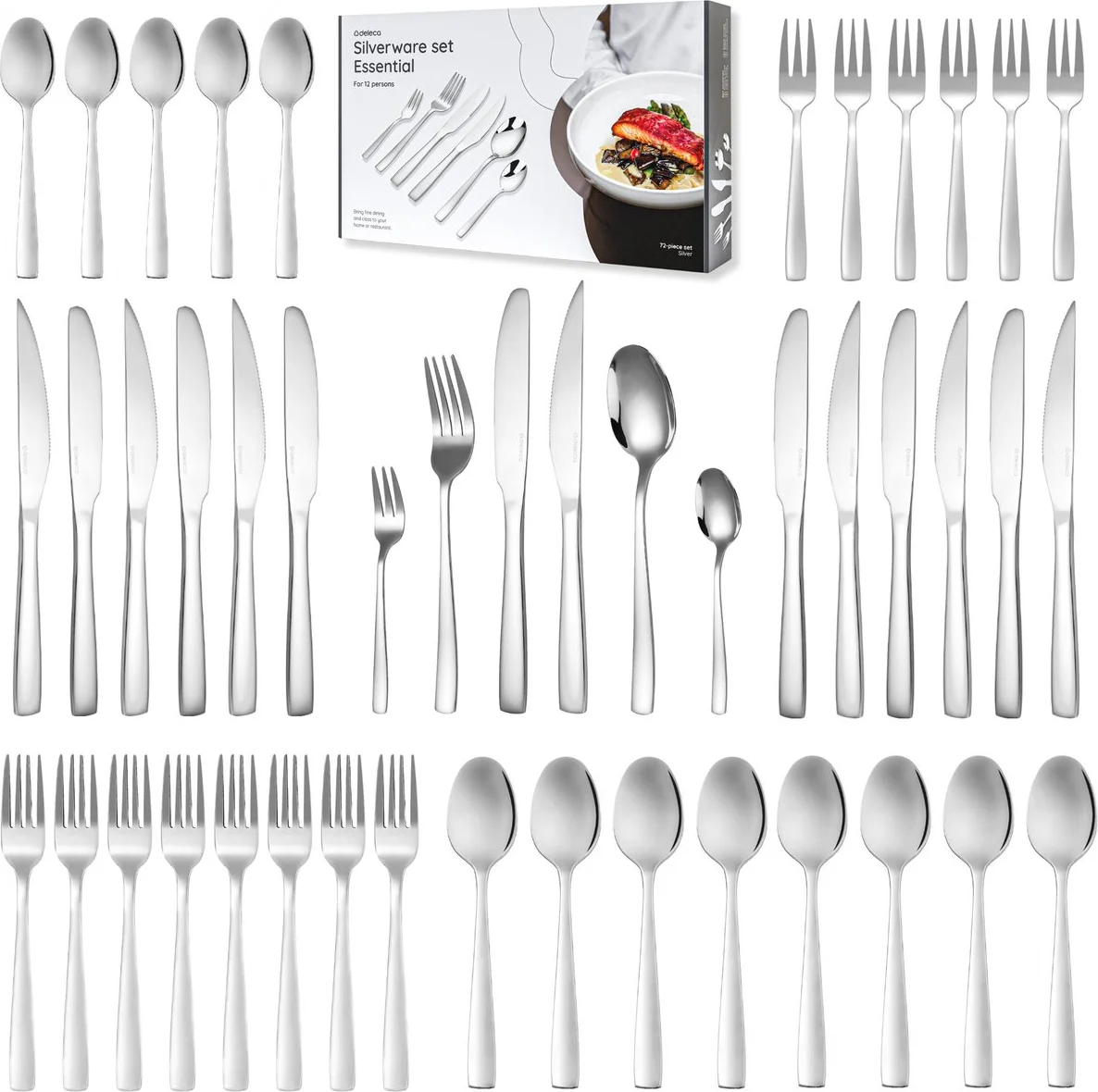 Deleca 12 Persoons Bestekset Essential (72-delig) - Lepels, Messen, Vorken, Steakmessen & Gebaksvorkjes - Vaatwasserbestendig Bestek - Glanzend Zilver / Edelstaal
