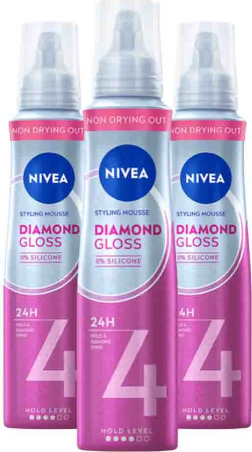 3x NIVEA Styling Mousse Hold 4 Diamond Gloss Care 150 ml