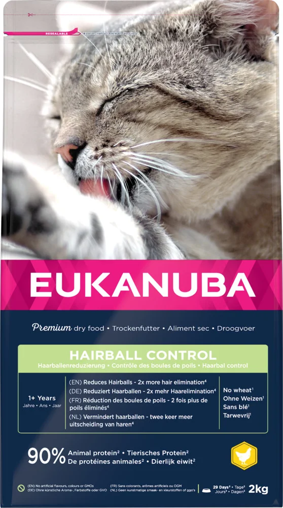 4x Eukanuba Kattenvoer Droog Adult Hairball Control 2 kg