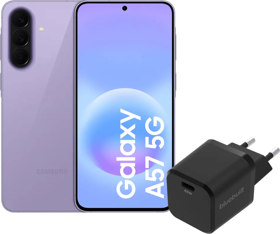 Samsung Galaxy A57 128GB Paars 5G + BlueBuilt Oplader met Usb C Poort 45W Zwart