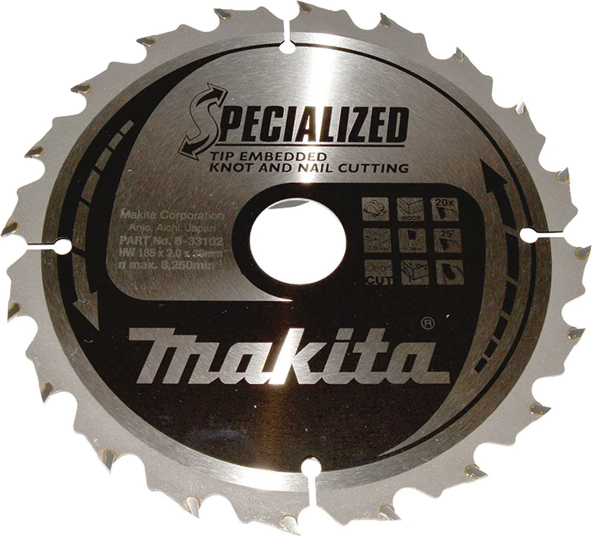 Makita B-33102 Cirkelzaagblad Hout (noest/spijker) | Embedded Tip | 185 x 30 mm | 20-tands