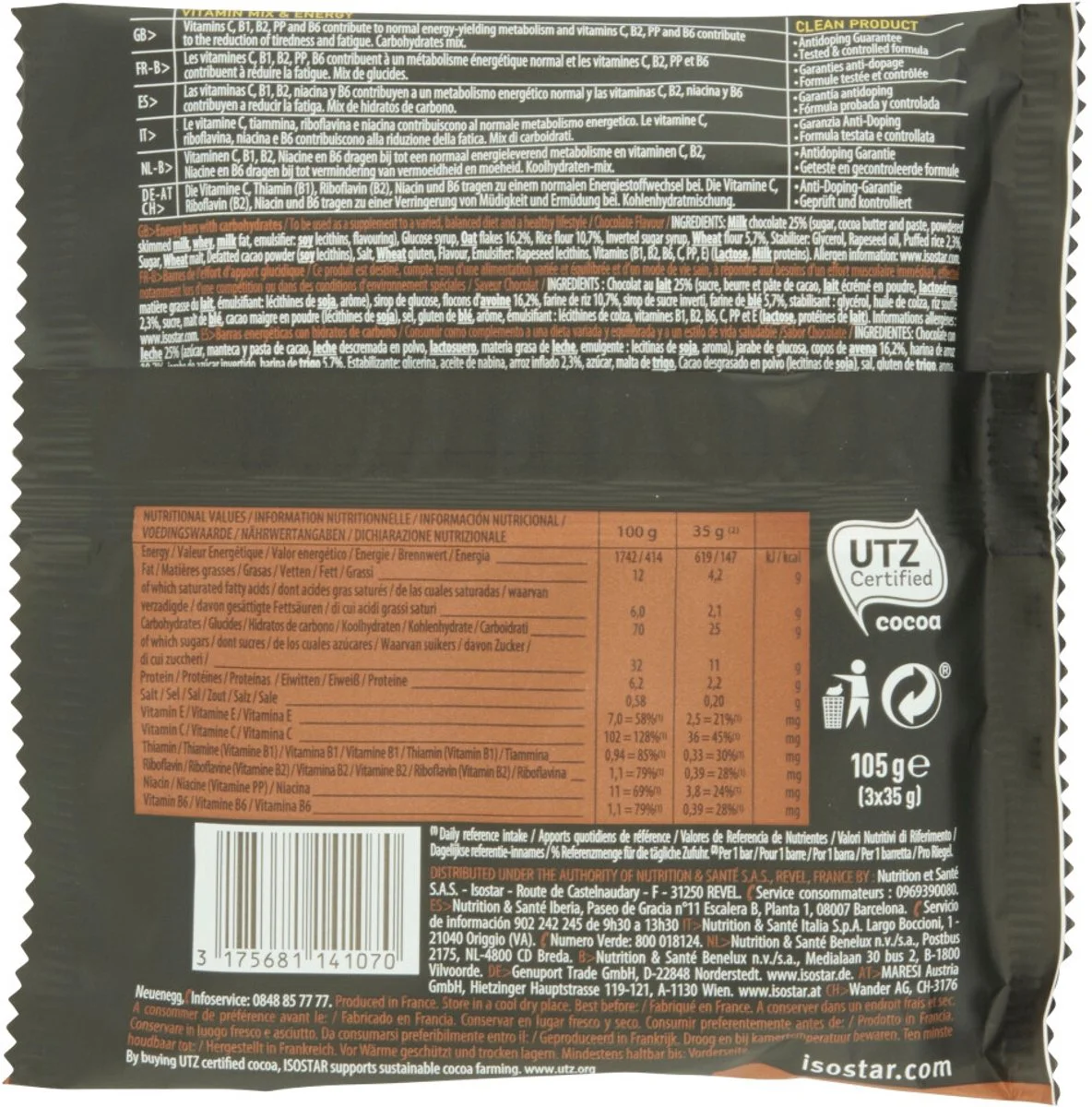 6x Isostar High Energy Sportreep Chocolade 3 x 40 gr