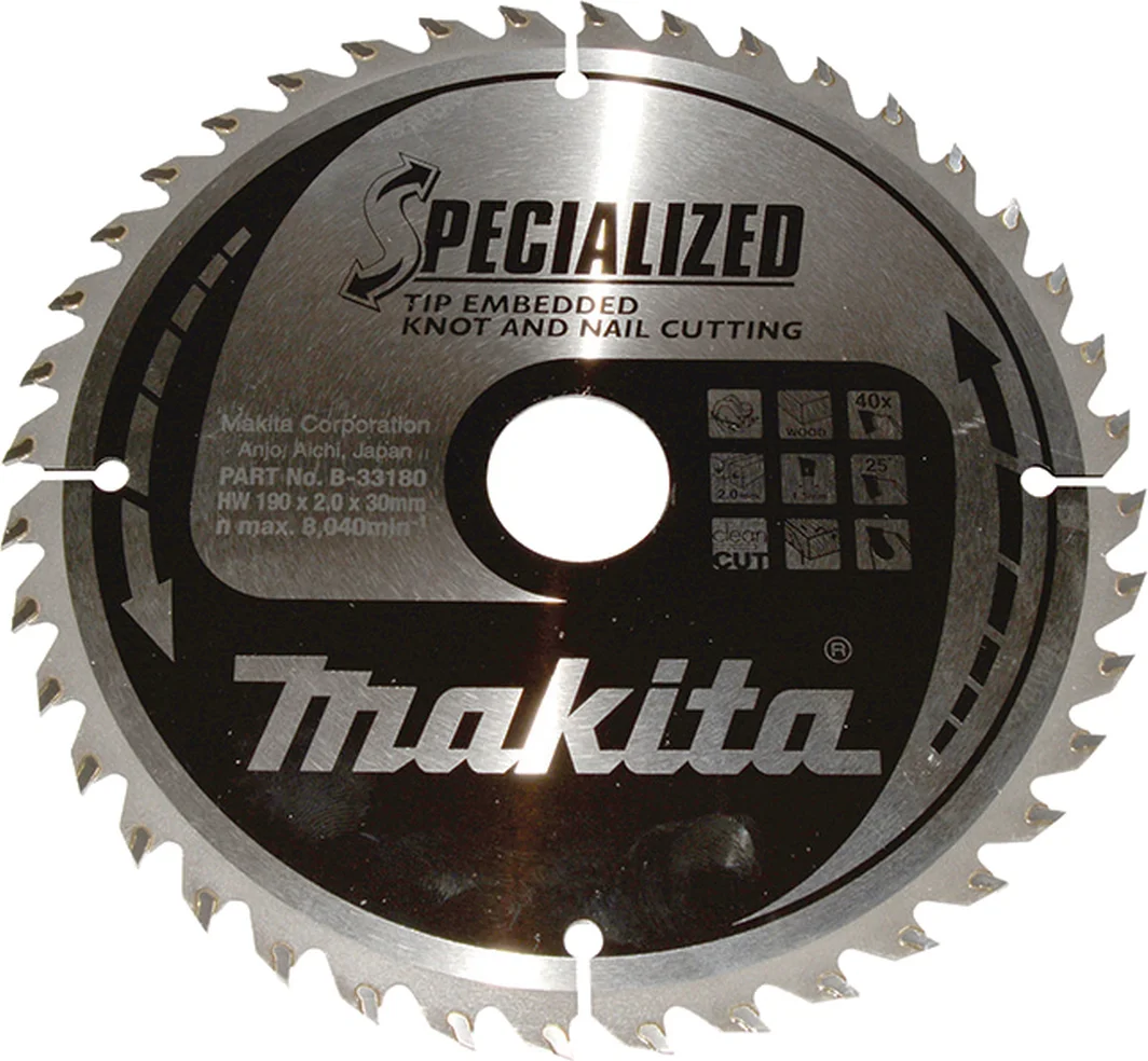 Makita B-33180 Cirkelzaagblad Hout (noest/spijker) | Embedded Tip | 190 x 30 mm | 40-tands