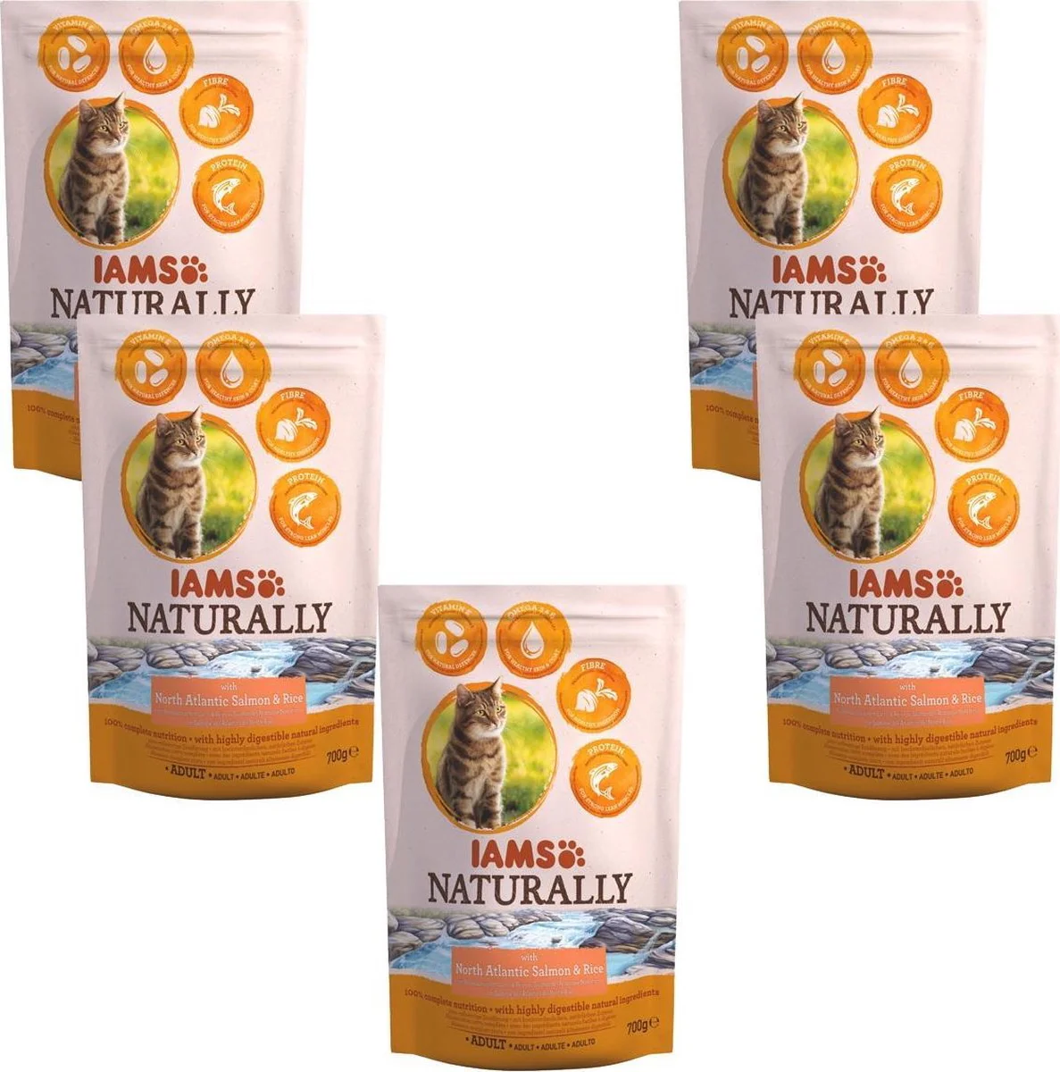5x IAMS Naturally Kat Adult North Atlantic Zalm & Rijst 700 gr