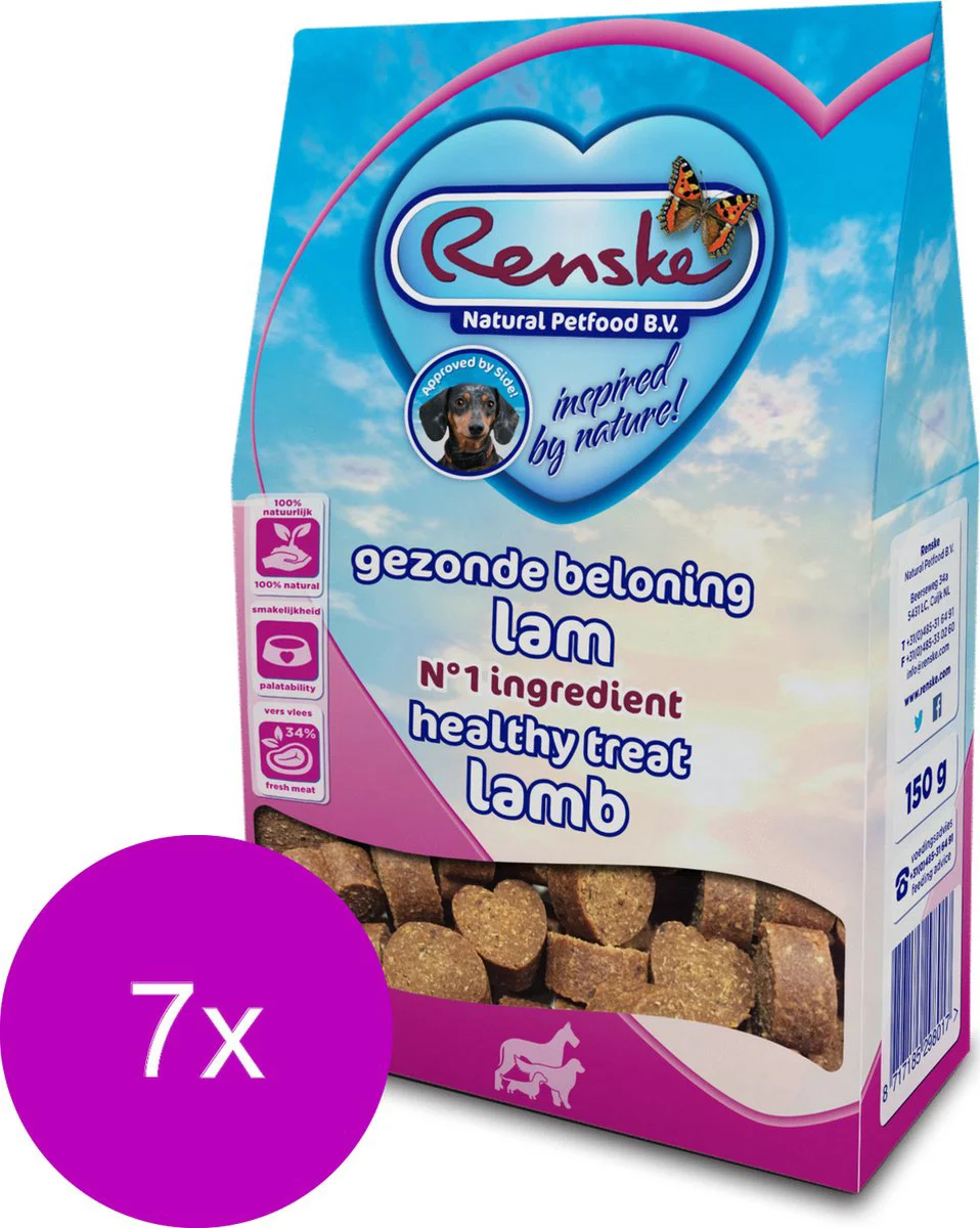 7x Renske Gezonde Beloning Hartjes Hondensnack Lam 150 gr