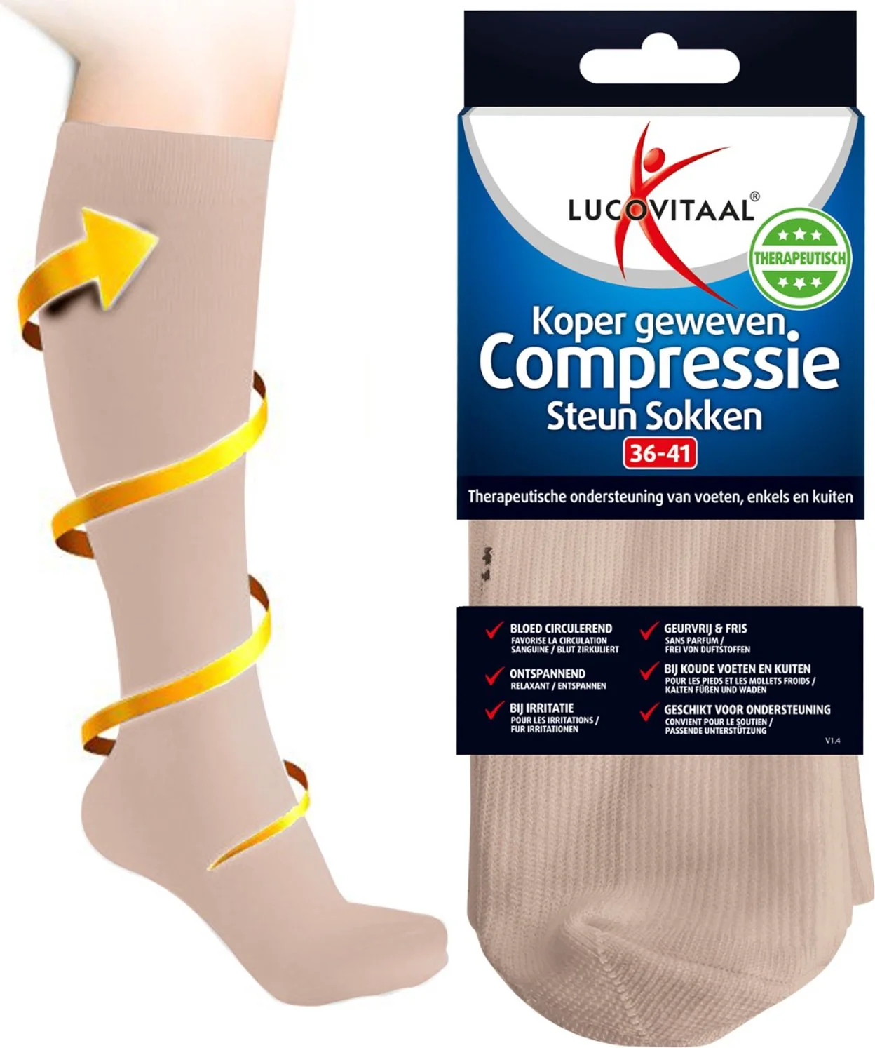 Lucovitaal Koper Geweven Compressie Steunkousen Beige 36-41 1PR