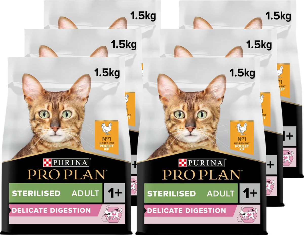 6x Pro Plan Kattenvoer Droog Adult Sterilised Delicate Digest Kip 1,5 kg