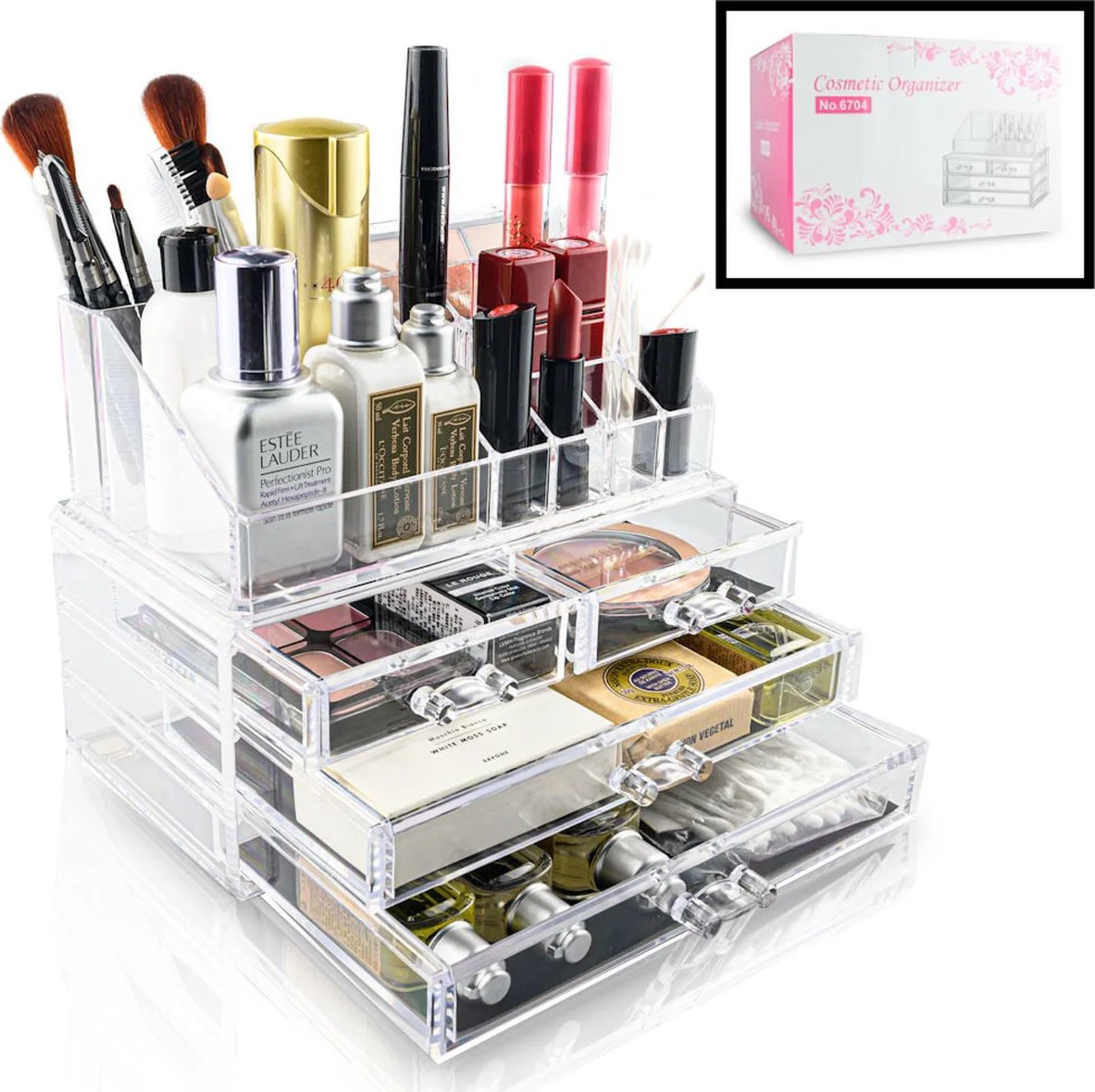 Makeup organizer L | Doorzichtig | 4 lades | Afmeting: 24 x 15 x 18.5 cm