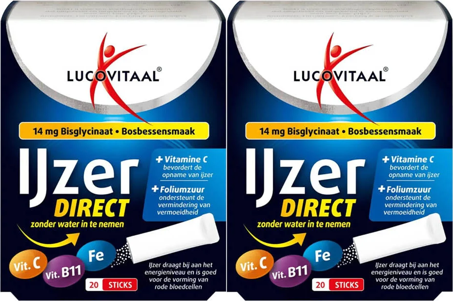 2x Lucovitaal IJzer Bisglycinaat Direct Bosbessensmaak 20 sachets