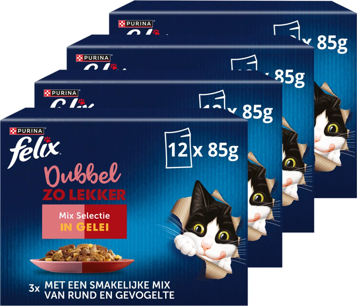 4x Felix Kattenvoer Nat in Gelei Dubbel Zo Lekker Mix Selectie 12 x 85 gr