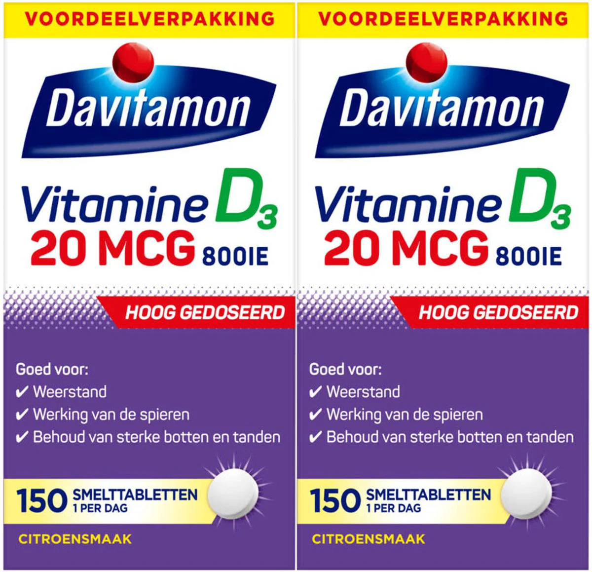 2x Davitamon Vitamine D3 20mcg Hoog Gedoseerd Voordeelverpakking 150 smelttabletten