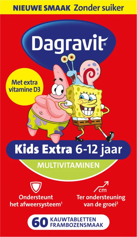 3x Dagravit Multivitamine Kids Extra 6-12 Jaar Spongebob 60 kauwtabletten