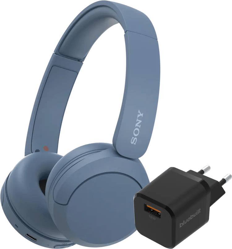 Sony WH-CH520 Blauw + BlueBuilt Quick Charge Oplader met Usb A Poort 18W Zwart