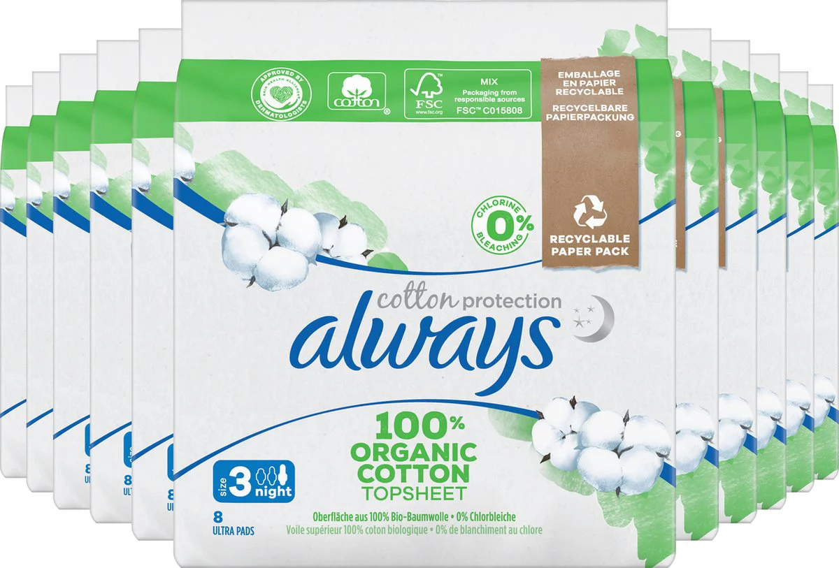 12x Always Maandverband Bio Cotton Protection Ultra Night met Vleugels 8 stuks
