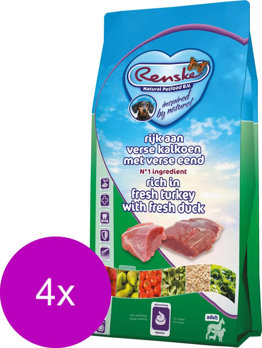 4x Renske Super Premium Adult Hondenvoer Kalkoen - Eend 2 kg