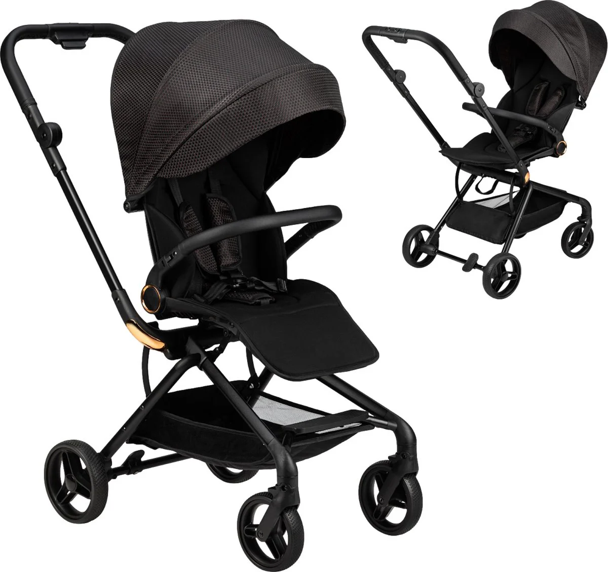 MoMi ADELLE Kinderwagen - 360° Draaibare Zitting - Omkeerbaar Zitje - Verstelbare Rugleuning - Tot 22 kg - Zwart Goud