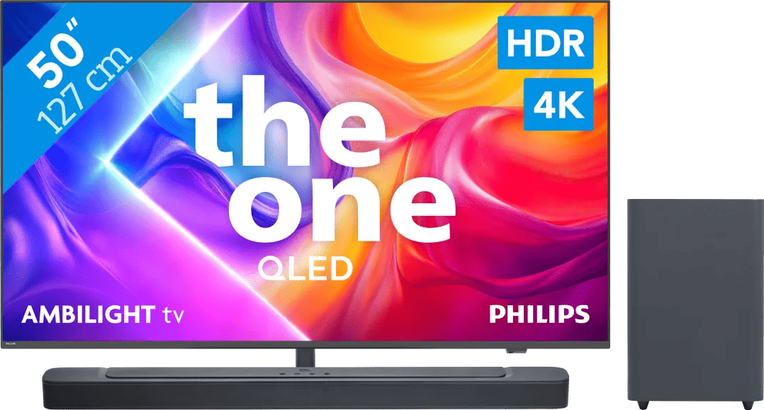 Philips Ambilight 50" PUS9000 QLED 4K (2025) + JBL Bar 2.1 Deep Bass MK2 Zwart