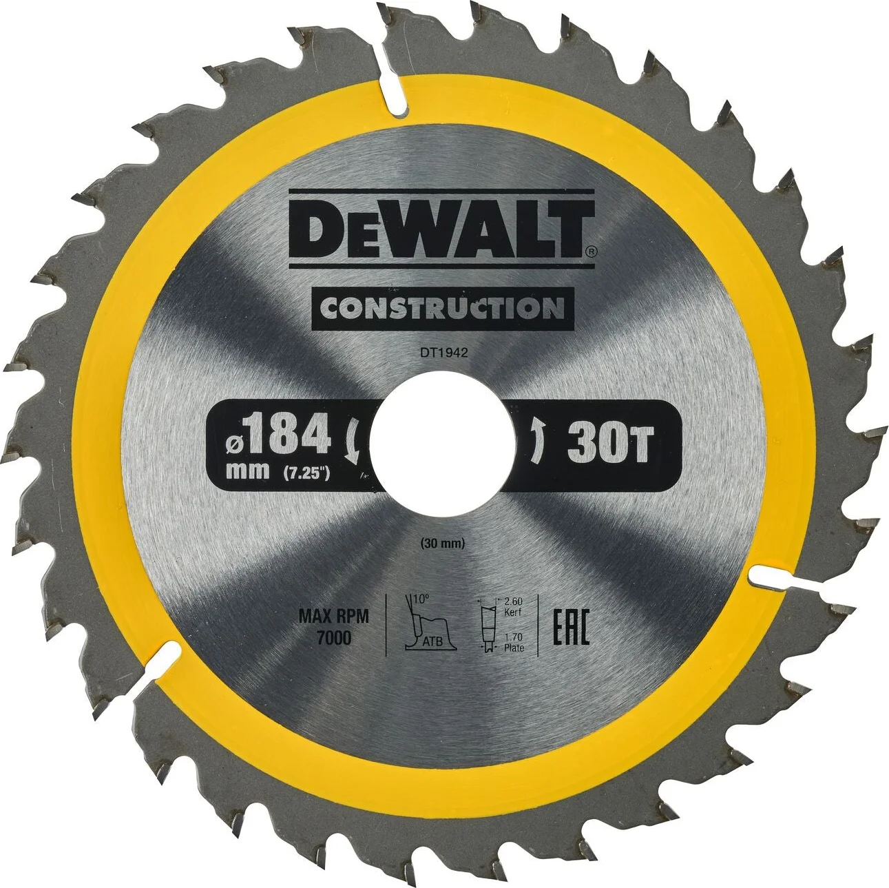 DeWALT Cirkelzaagblad voor Hout | Construction | Ø 184mm Asgat 30mm 30T - DT1942-QZ
