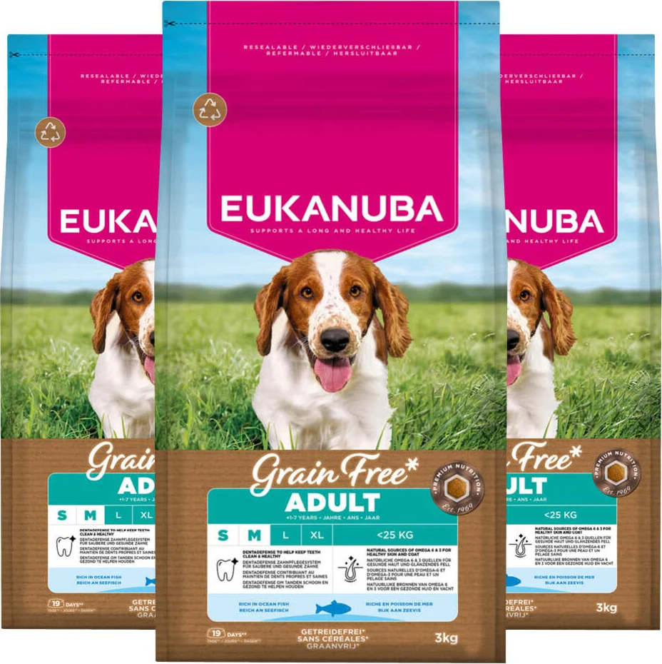 3x Eukanuba Hondenvoer Droog Grain Free Adult Small/Medium Oceaanvis 3 kg