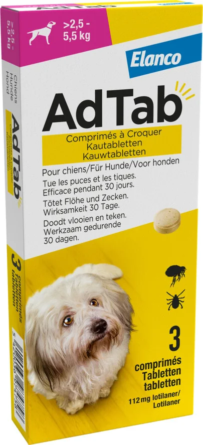 AdTab Anti Vlo en Teek Kauwtabletten Hond >2,5-5,5 kg 3 tabletten