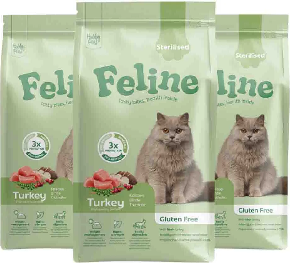 3x HobbyFirst Feline Kattenvoer Droog Sensitive Sterilised 1,5 kg