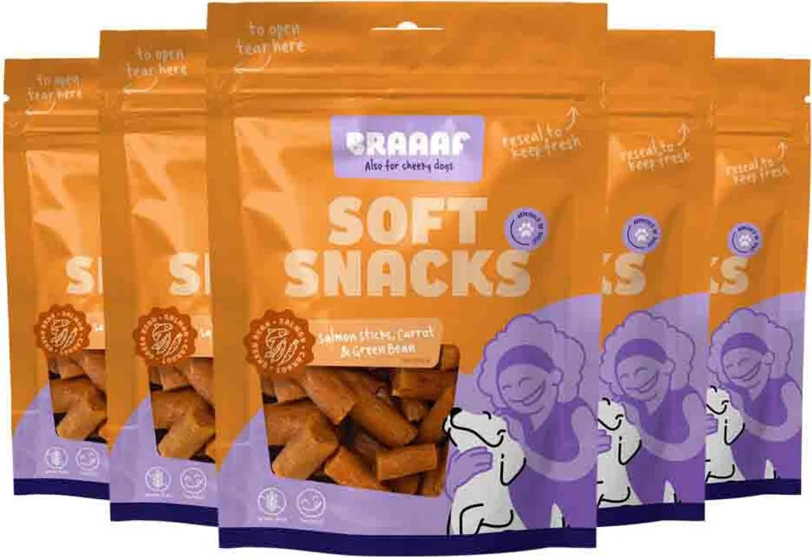 5x Braaaf Hondensnack Sticks Wortel - Sperzieboon - Zalm 85 gr