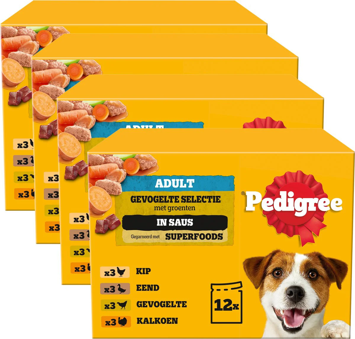 4x Pedigree Adult Hondenvoer Maaltijdzakjes in Saus Gevogelte en Groenten 12 x 100 gr