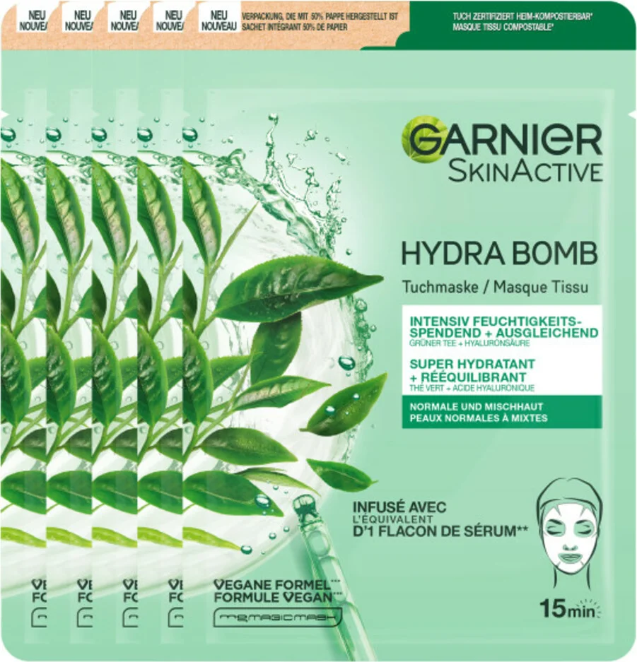 5x Garnier SkinActive Tissue Gezichtsmasker Hydraterend & Regulerend