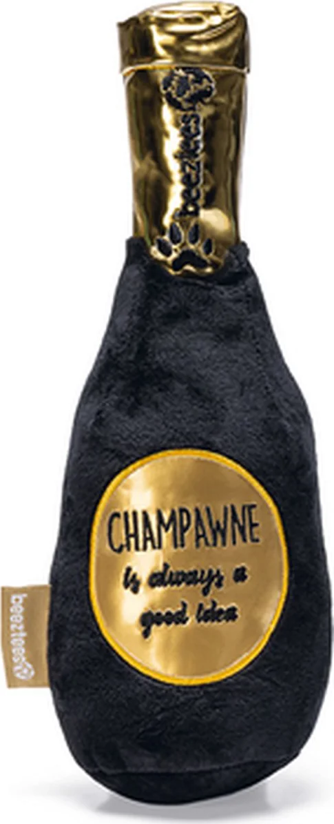 Beeztees Champagnefles - Hondenspeelgoed - Pluche - Zwart/Goud - 30x9x9 cm