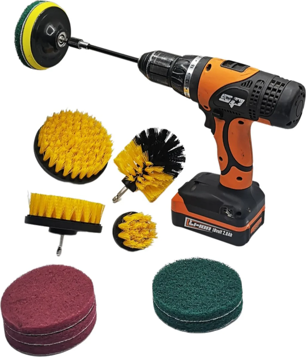 LB Tools professionele schrobborstels borstelset voor de elektrisch boormachine 12 delig de schoonmaak renigingsborstel met verlengstuk is geschikt voor WC, tegelvloeren, badkamer, auto, boot enz.