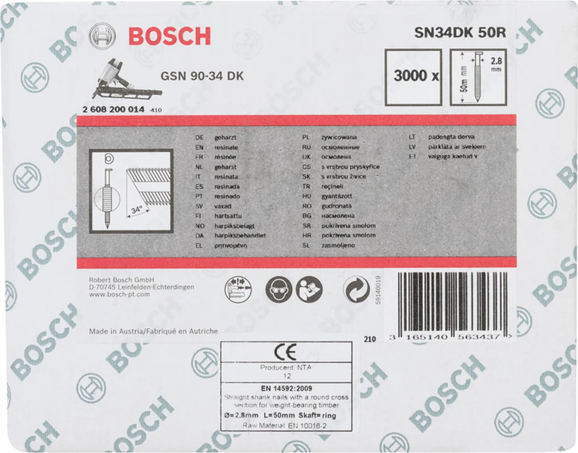 Bosch Professional PRO SN34CH D-kop nagel 50 mm | 34° | Geringd | Blank | 2,8 x 7,0 (D-vorm) | 3000 stuks - 2608200014