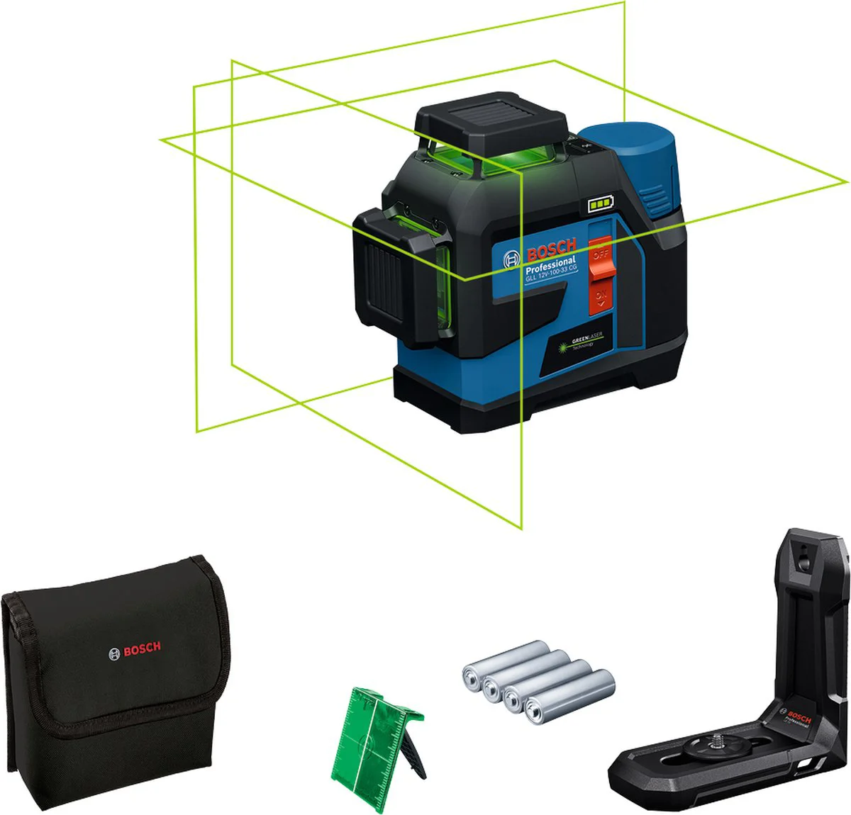 Bosch Professional GLL 12V-100-33 CG Kruislijnlaser groen 3x360° 12V Basic Body met adapter - 0601065400